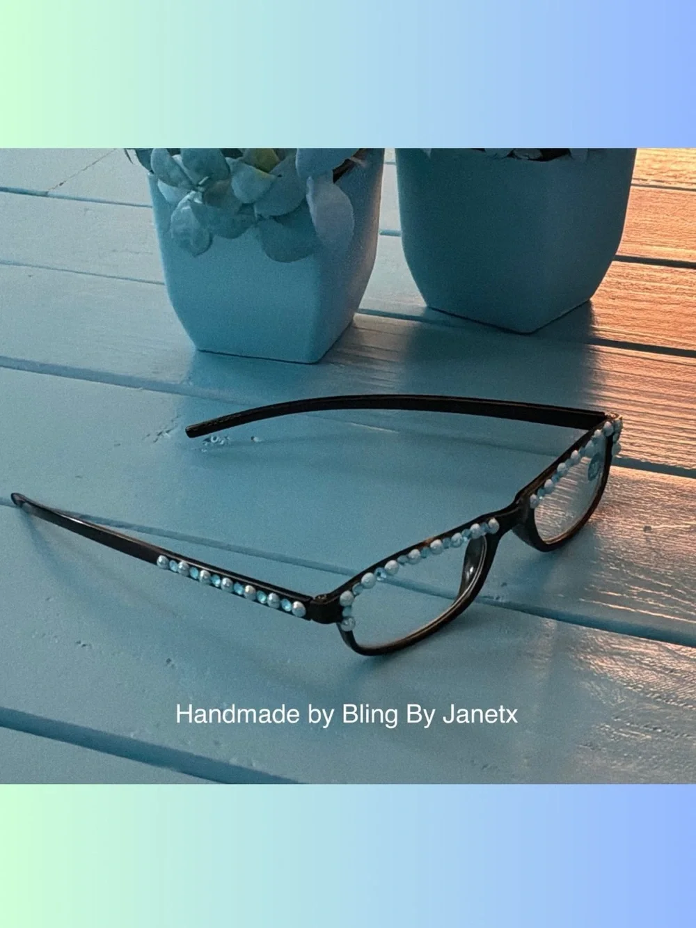 Handmade Rhinestone Reading Glasses (+2.00) - Black with Blue Pearly Accents